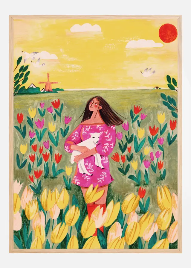 Woman in spring tulip field Póster