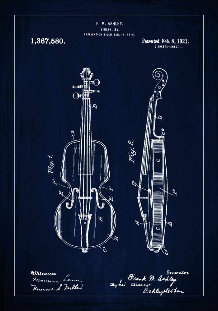 Dibujo de patente - Violín - Azul Póster