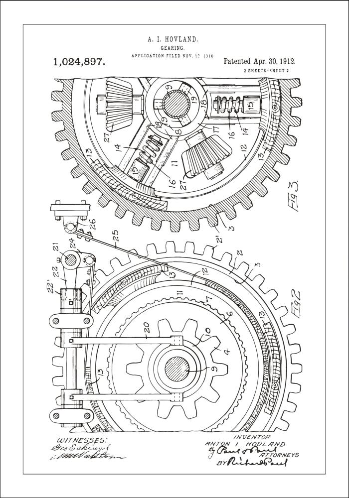 Dibujo de patente - Engranaje - Blanco Póster