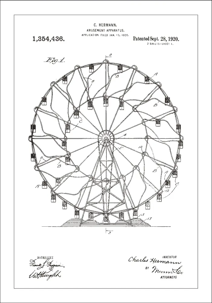 Dibujo de patente - Noria - Blanco Póster