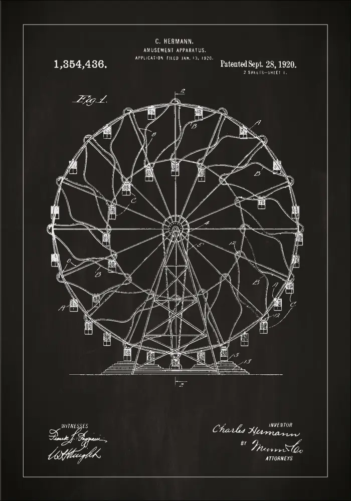 Dibujo de patente - Noria - Negro Póster