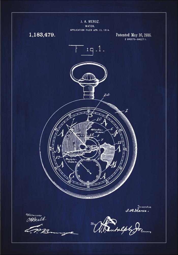 Dibujo de patente - Reloj de bolsillo - Azul Póster