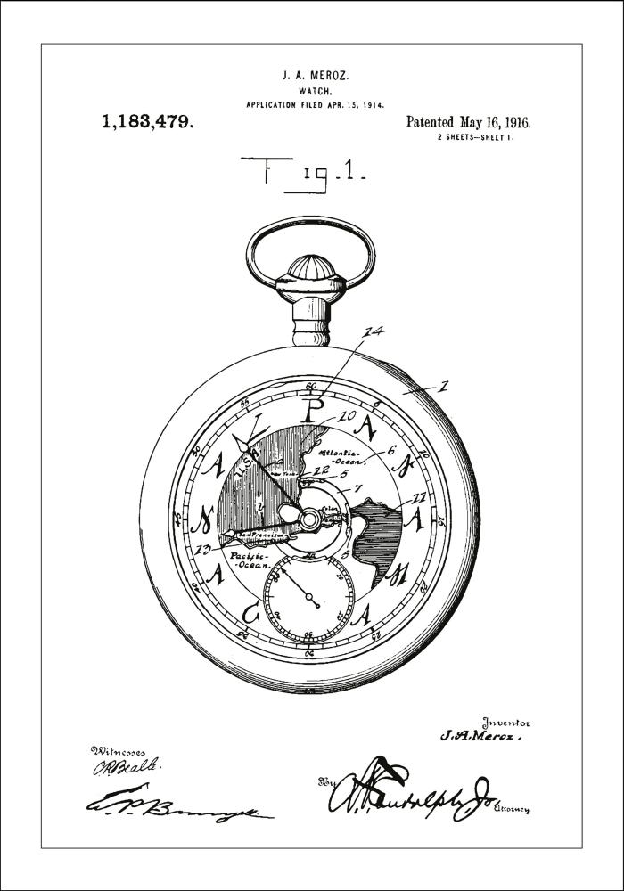 Dibujo de patente - Reloj de bolsillo - Blanco Póster