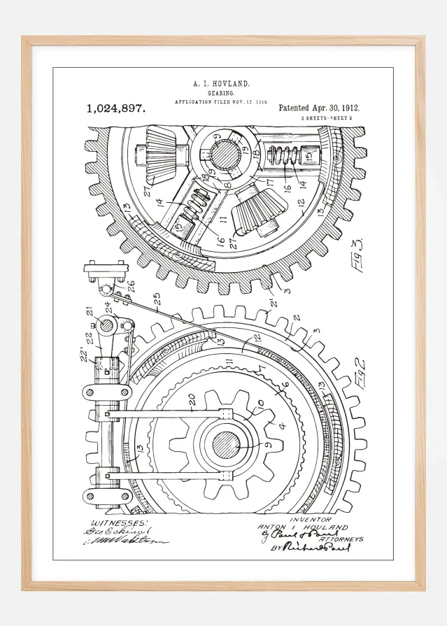 Dibujo de patente - Engranaje - Blanco Póster