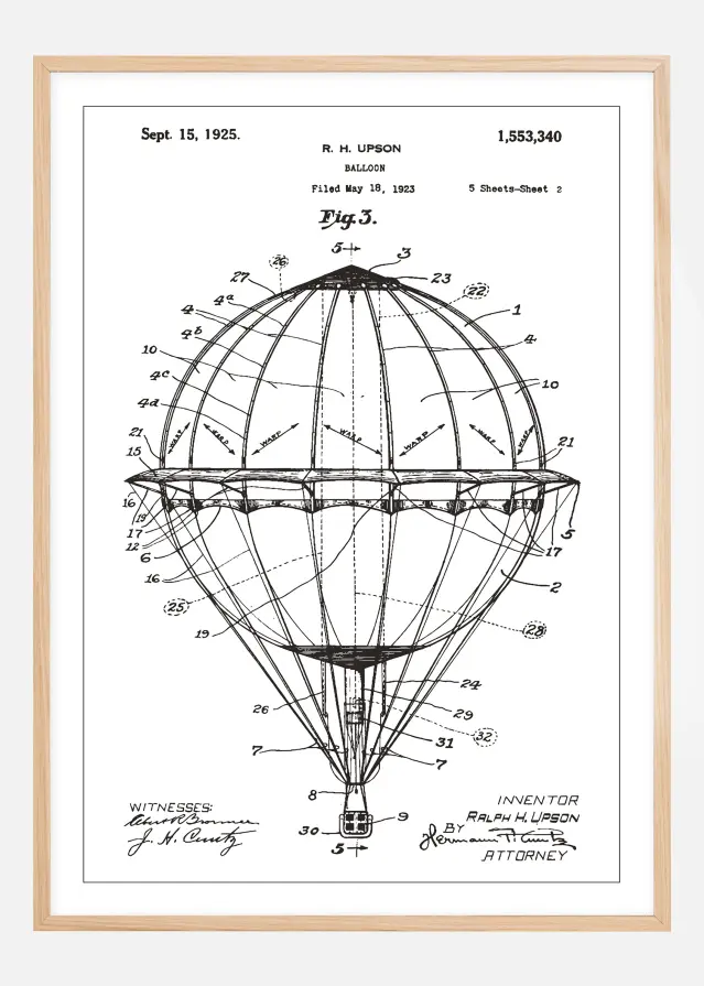 Dibujo de patente - Globo aerostático - Blanco Póster