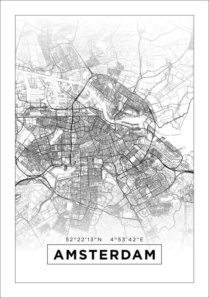 Mapa - Amsterdam - Blanco Póster