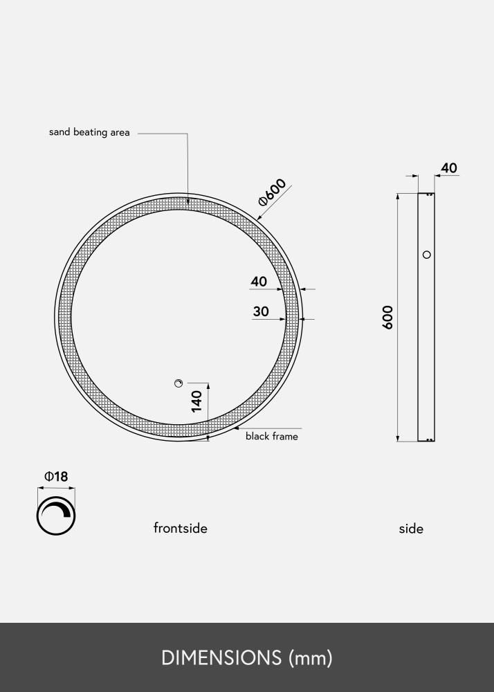 KAILA Espejo Negro LED 60 cm Ø