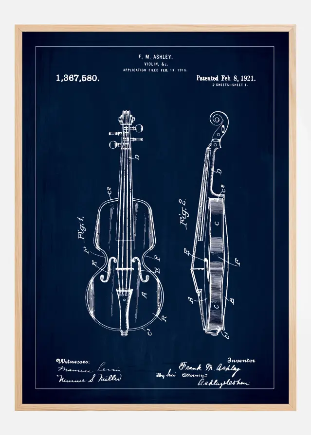 Dibujo de patente - Violín - Azul Póster