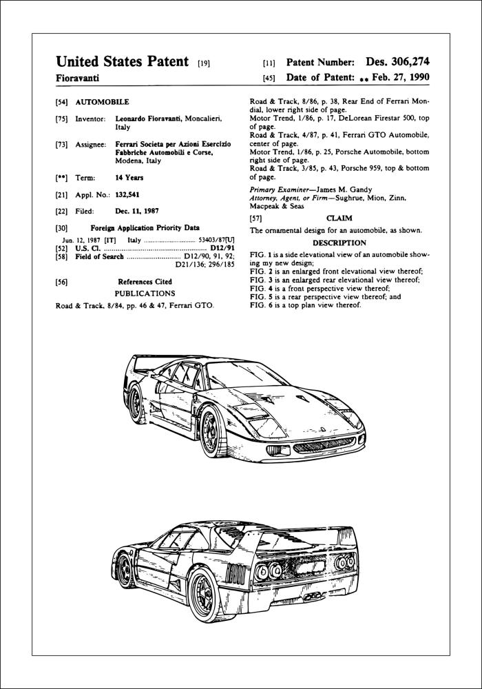 Dibujo de patente - Ferrari F40 I Póster